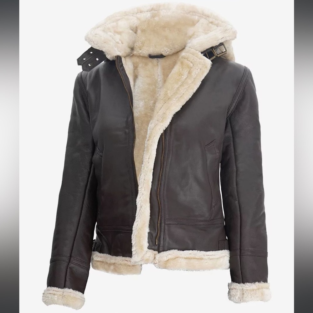 Women's Dark Brown Shearling-Trim Lambskin Leather Jacket with hood